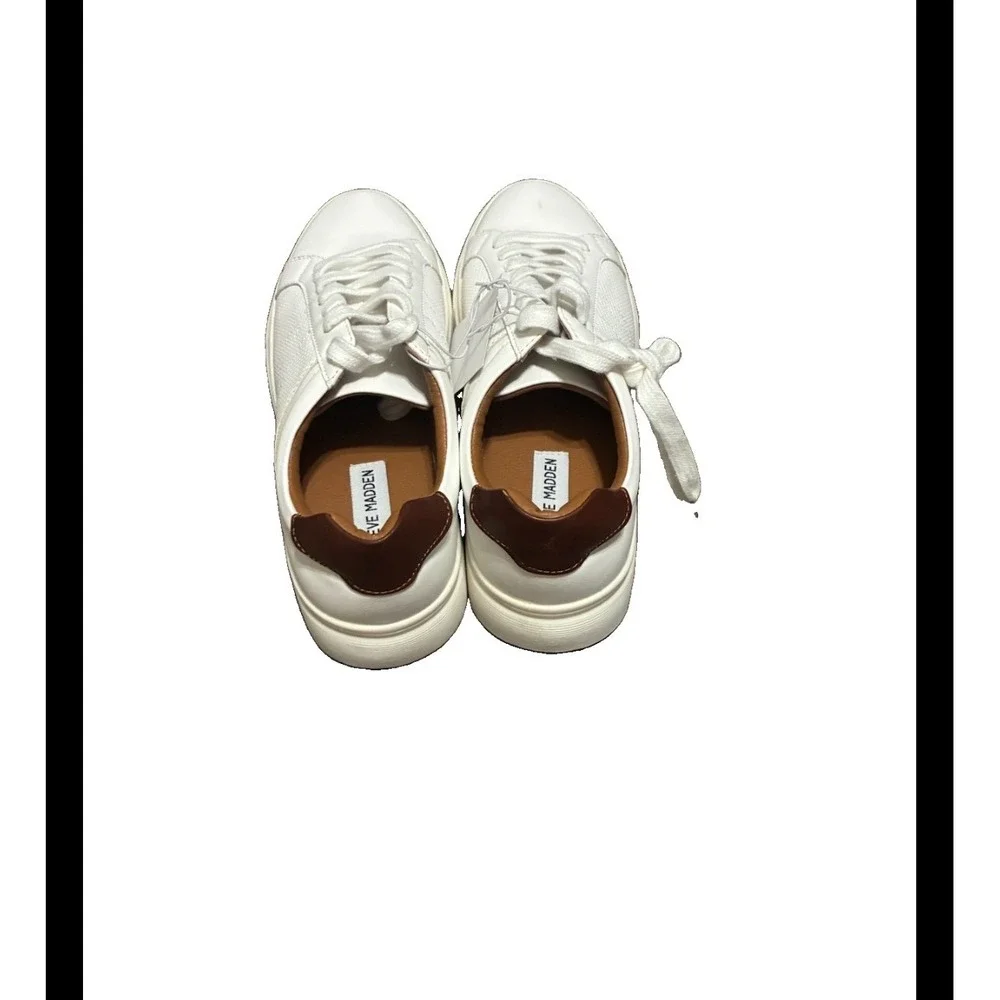 Steve Madden Mens White Low Top Sneakers Brown Heel Accent Lace Up Shoes Size 8